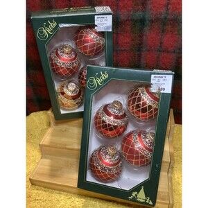 Krebs Glass Christmas Ornaments Candy Apple Red Flame Stripes & Lattice 2 Boxes